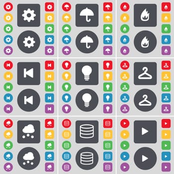 Gear, Umbrella, Fire, Media skip, Light bulb, Hanger, Cloud, Database, Media play icon symbol. A large set of flat, colored buttons for your design. illustration