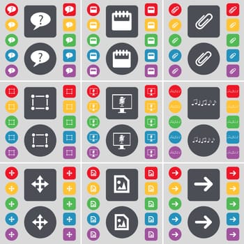 Chat bubble, Calendar, Clip, Frame, Monitor, Note, Moving, Media file, Arrow right icon symbol. A large set of flat, colored buttons for your design. illustration