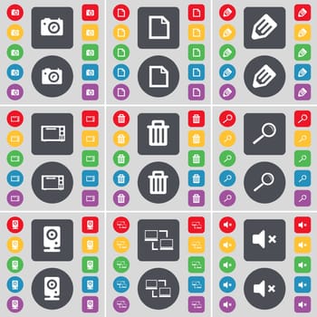 Camera, File, Pencil, Microwave, Trash, Magnifying glass, Speaker, Connection, Mute icon symbol. A large set of flat, colored buttons for your design. illustration