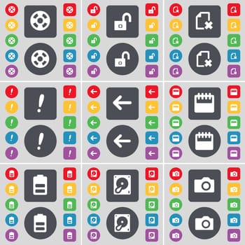 Videotape, Lock, File, Exclamation mark, Arrow left, Calendar, Battery, Hard drive, Camera icon symbol. A large set of flat, colored buttons for your design. illustration