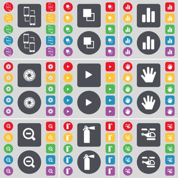 Connection, Copy, Diagram, Lens, Media play, Hand, Magnifying glass, Fire extinguisher, Helicopter icon symbol. A large set of flat, colored buttons for your design. illustration