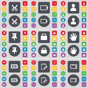 Scissors, Battery, Avatar, Pin, Lock, Hand, Charging, Notebook, Microwave icon symbol. A large set of flat, colored buttons for your design. illustration