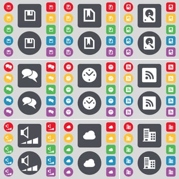Floppy, File, Hard drive, Chat, Clock, RSS, Volume, Cloud, Building icon symbol. A large set of flat, colored buttons for your design. illustration