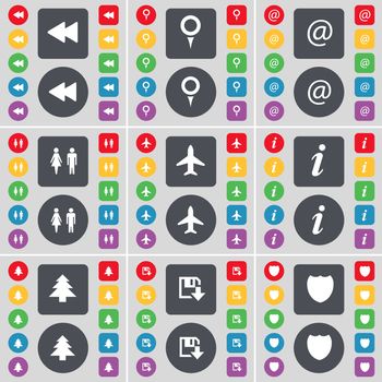 Rewind, Checkpoint, Mail, Silhouette, Airplane, Information, Firtree, Floppy, Badge icon symbol. A large set of flat, colored buttons for your design. illustration