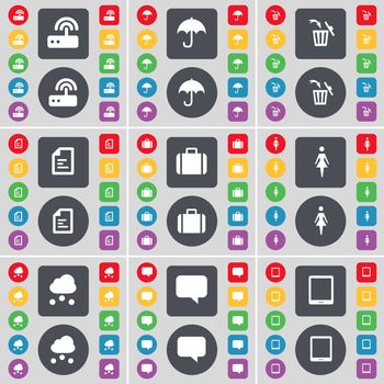 Router, Umbrella, Trash can, Text file, Suitcase, Silhouette, Cloud, Chat bubble, Tablet PC icon symbol. A large set of flat, colored buttons for your design. illustration