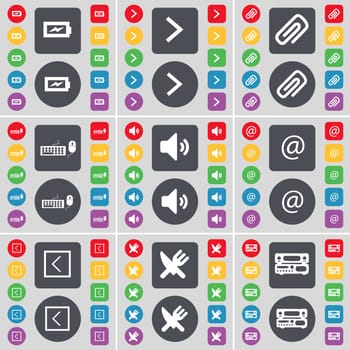 Charging, Arrow right, Clip, Keyboard, Sound, Mail, Arrow left, Fork and knife, Record-player icon symbol. A large set of flat, colored buttons for your design. illustration