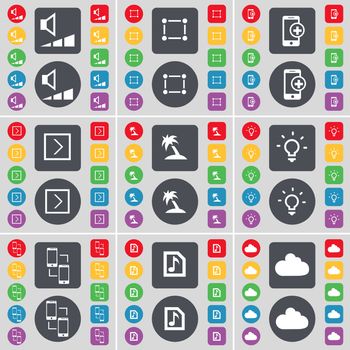 Volume, Frame, Smartphone, Arrow right, Palm, Light bulb, Connection, Music file, Cloud icon symbol. A large set of flat, colored buttons for your design. illustration