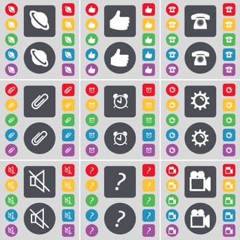 Planet, Like, Retro phone, Clip, Alarm clock, Gear, Mute, Question mark, Film camera icon symbol. A large set of flat, colored buttons for your design. illustration