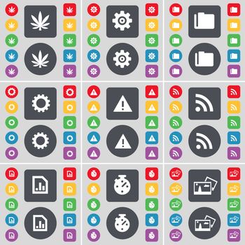 Marijuana, Gear, Folder, Gear, Warning, RSS, Diagram file, Stopwatch, Picture icon symbol. A large set of flat, colored buttons for your design. illustration