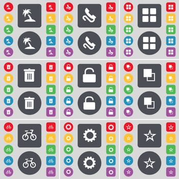 Palm, Receiver, Apps, Trash can, Lock, Copy, Bicycle, Gear, Star icon symbol. A large set of flat, colored buttons for your design. illustration
