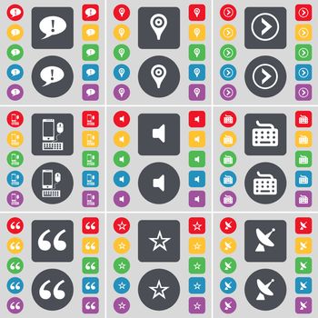 Chat bubble, Checkpoint, Arrow right, Smartphone, Sound, Keyboard, Quotation mark, Star, Satellite dish icon symbol. A large set of flat, colored buttons for your design. illustration