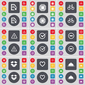 Text file, Processor, Bicycle, Warning, Tick, Minus, Dropbox, Heart, Tray icon symbol. A large set of flat, colored buttons for your design. illustration