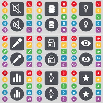 Mute, Database, Venus symbol, Microphone, Packing, Vision, Diagram, Wrist watch, Star icon symbol. A large set of flat, colored buttons for your design. illustration