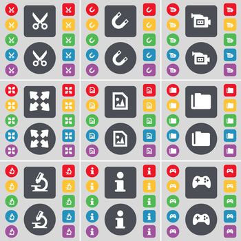 Scissors, Magnet, Film camera, Full screen, Media file, Folder, Microphone, Information, Gamepad icon symbol. A large set of flat, colored buttons for your design. illustration