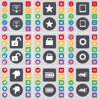 Monitor, Star, Tablet PC, Lock, Gear, Hand, Charging, Trumped icon symbol. A large set of flat, colored buttons for your design. illustration