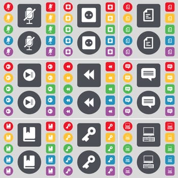 Microphone, Socket, Text file, Media skip, Rewind, Chat bubble, Dictionary, Key, Laptop icon symbol. A large set of flat, colored buttons for your design. illustration