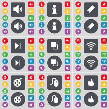 Sound, Information, Marker, Media skip, Copy, Wi-Fi, Videotape, Mouse, Like icon symbol. A large set of flat, colored buttons for your design. illustration