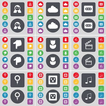 Avatar, Cloud, Cassette, Hand, Flower, Clapper, Checkpoint, Socket, Note icon symbol. A large set of flat, colored buttons for your design. illustration