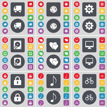 Truck, Pizza, Gear, Hard drive, Heart, Monitor, Lock, Note, Bicycle icon symbol. A large set of flat, colored buttons for your design. illustration