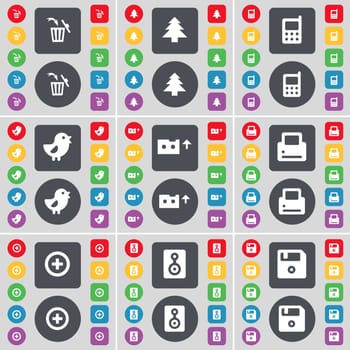 Trash can, Firtree, Mobile phone, Bird, Cassette, Printer, Plus, Speaker, Floppy icon symbol. A large set of flat, colored buttons for your design. illustration