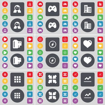 Avatar, Gamepad, Building, Negative films, Flash, Heart, Apps, Deploying screen, Graph icon symbol. A large set of flat, colored buttons for your design. illustration