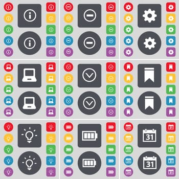 Information, Minus, Gear, Laptop, Arrow down, Marker, Light bulb, Battery, Calendar icon symbol. A large set of flat, colored buttons for your design. illustration