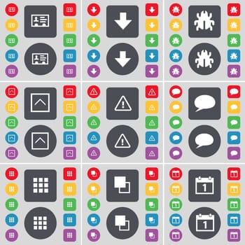 Contact, Arrow down, Bug, Arrow up, Warning, Chat bubble, Apps, Copy, Calendar icon symbol. A large set of flat, colored buttons for your design. illustration
