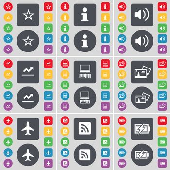 Star, Information, Sound, Graph, Laptop, Picture, Airplane, RSS, Charging icon symbol. A large set of flat, colored buttons for your design. illustration