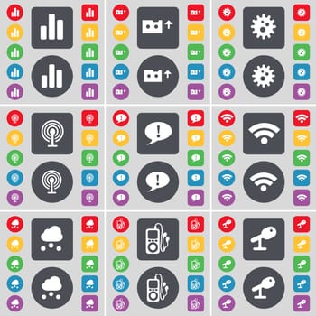 Diagram, Cassette, Gear, Wi-Fi, Chat bubble, Wi-Fi, Cloud, MP3 player, Microphone icon symbol. A large set of flat, colored buttons for your design. illustration