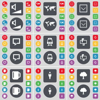 Volume, Globe, Arrow down, Chat bubble, Train, Mailbox, Cup, Silhouette, Tree icon symbol. A large set of flat, colored buttons for your design. illustration