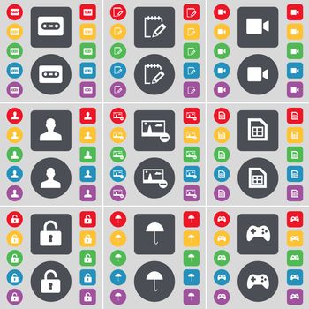 Cassette, Notebook, Film camera, Avatar, Picture, File, Lock, Umbrella, Gamepad icon symbol. A large set of flat, colored buttons for your design. illustration