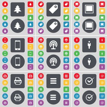 Firtree, Tag, Window, Smartphone, Wi-Fi, Silhouette, Printer, Apps, Tick icon symbol. A large set of flat, colored buttons for your design. illustration