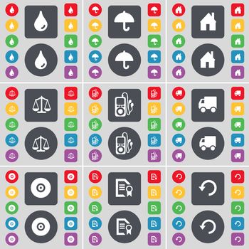 Drop, Umbrella, House, Scales, MP3, Truck, Disk, Text file, Reload icon symbol. A large set of flat, colored buttons for your design. illustration