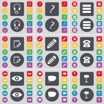 Headphones, Question mark, Apps, Notebook, Pencil, Retro phone, Vision, Chat cloud, Signpost icon symbol. A large set of flat, colored buttons for your design. illustration