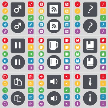 Mars symbol, RSS, Question mark, Pause, Cup, Dictionary, Survey, Sound, Tie icon symbol. A large set of flat, colored buttons for your design. illustration