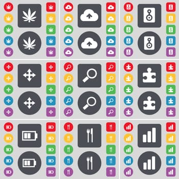 Marijuana, Cloud, Speaker, Moving, Magniifying glass, Puzzle part, Battery, Fork and knife, Diagram icon symbol. A large set of flat, colored buttons for your design. illustration