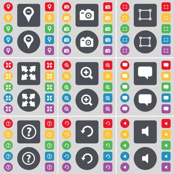 Checkpoint, Camera, Frame, Full screen, Magnifing glass, Chat bubble, Question mark, Reload, Sound icon symbol. A large set of flat, colored buttons for your design. illustration