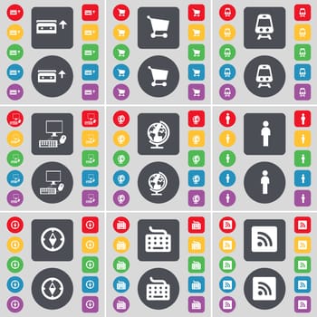 Cassette, Shopping cart, Train, PC, Globe, Silhouette, Compass, Keyboard, RSS icon symbol. A large set of flat, colored buttons for your design. illustration