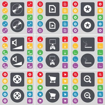 Disk, Media file, Star, Volume, PC, Cigarette, Videotape, Shopping cart, Magnifying glass icon symbol. A large set of flat, colored buttons for your design. illustration