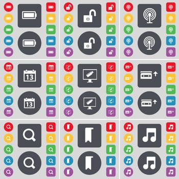 Battery, Lock, Wi-Fi, Calendar, Monitor, Cassette, Magnifyign glass, Marker, Note icon symbol. A large set of flat, colored buttons for your design. illustration