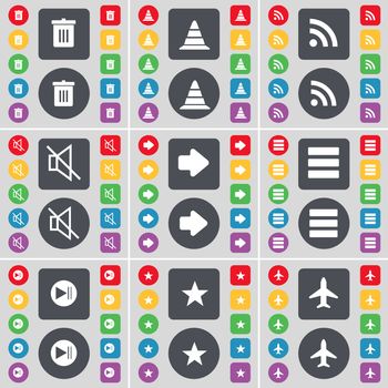 Trash can, Cone, RSS, Mute, Arrow right, Apps, Media skip, Star, Airplane icon symbol. A large set of flat, colored buttons for your design. illustration