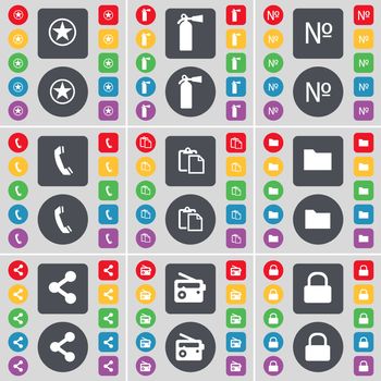 Star, Fire extinguisher, Number, Receiver, Survey, Folder, Share, Radio, Lock icon symbol. A large set of flat, colored buttons for your design. illustration