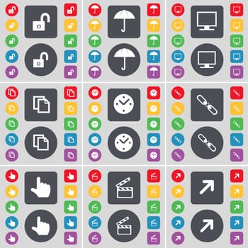 Lock, Umbrella, Monitor, Copy, Clock, Link, Hand, Clapper, Full screen icon symbol. A large set of flat, colored buttons for your design. illustration