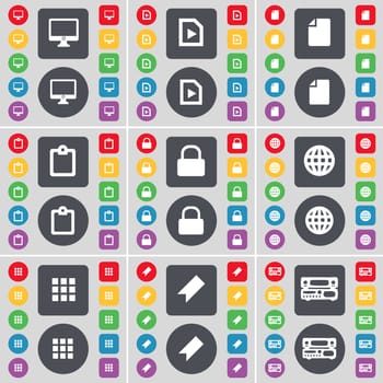 Monitor, Media file, File, Survey, Lock, Globe, Apps, Marker, Record-player icon symbol. A large set of flat, colored buttons for your design. illustration