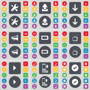 Wrench, Avatar, Arrow down, Megaphone, Battery, Retro TV, Media play, Smartphone, Tick icon symbol. A large set of flat, colored buttons for your design. illustration