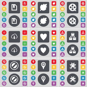 File, Leaf, Videotape, Cloud, Heart, Network, Stop, Checkpoint, Wrench icon symbol. A large set of flat, colored buttons for your design. illustration