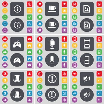 Information, Cup, Media file, Gamepad, Microphone, Negative film, Silk hat, Warning, Mute icon symbol. A large set of flat, colored buttons for your design. illustration