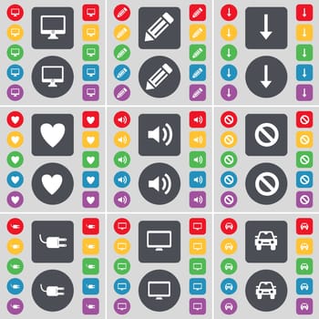Monitor, Pencil, Arrow down, Heart, Sound, Stop, Socket, Monitor, Car icon symbol. A large set of flat, colored buttons for your design. illustration