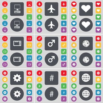 PC, Airplane, Heart, Microwave, Mars symbol, Pizza, Gear, Hashtag, Globe icon symbol. A large set of flat, colored buttons for your design. illustration