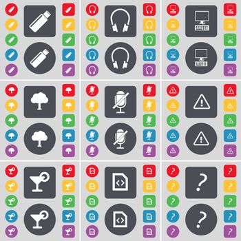 USB, Headphones, PC, Tree, Microphone, Warning, Cocktail, File, Question mark icon symbol. A large set of flat, colored buttons for your design. illustration